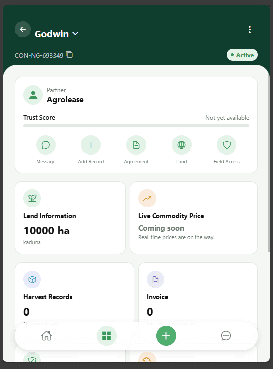 The AgroLease Conduit Workspace, showing a real active Conduit (CON-NG-693349) with its partner, land information, harvest records, and invoice cards